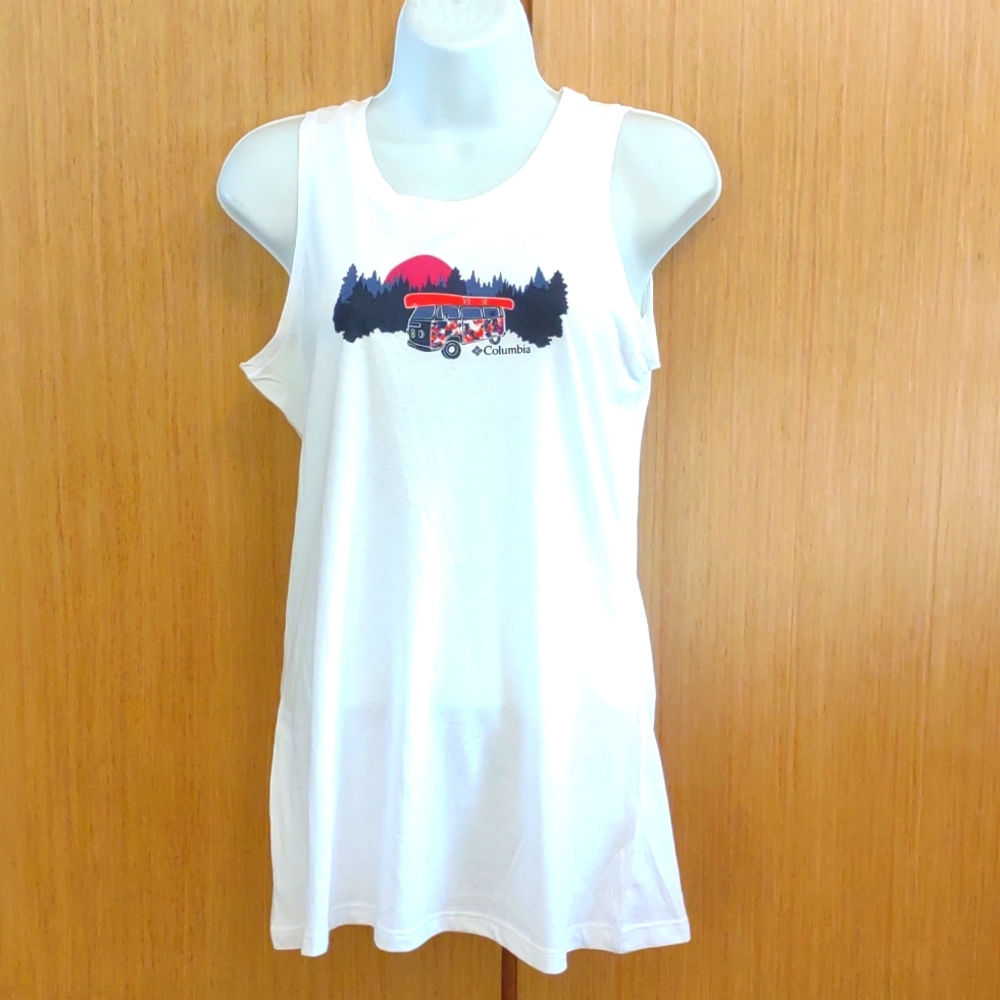 Columbia SZ S/P Sleeveless White Tank With Kayak/Tree Scene.
